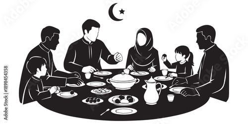 Muslim family enjoying iftar meal together during Ramadan on White background,Family iftar together vector icon black silhouette white background ,black,pro