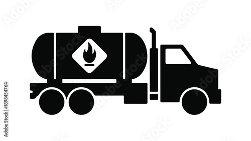 Heavy-Duty Industrial Fuel Tanker Truck Silhouette Icon with Flammable Hazard Warning.