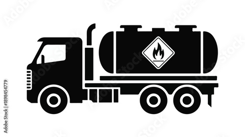 Heavy-Duty Industrial Fuel Tanker Truck Silhouette Icon with Flammable Hazard Warning.