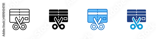 Cost Cutting Multiple Style Icon Design Vector - Credit card with scissors representing expense reduction, budget control, and spending cuts