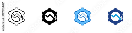 Gear Decline Multiple Style Icon Design Vector - Gear with downward trend arrow representing operational slowdown, productivity loss, and maintenance issues