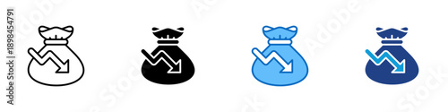 Financial Loss Multiple Style Icon Design Vector - Money bag with downward arrow representing revenue loss, reduced profit, and financial decrease