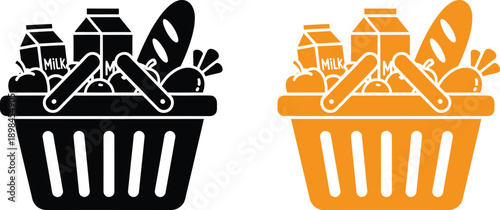 Grocery Shopping Basket Icon With Food Items In Black And Orange Retail Concept Illustration