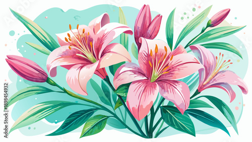 Very beautiful watercolor artwork of pink lily flowers with green leaves, painted in soft pastel tones, expressing romance, elegance, and gentle botanical beauty.
