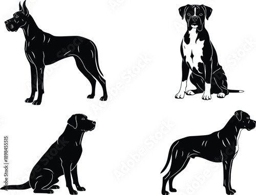 Set of black and white dog breed silhouettes, featuring Great Dane, Boxer, and Labrador Retriever icons, on isolated white background,