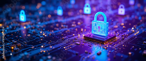 High-tech security interface, glowing padlocks rising from a digital circuit terrain, purple base tones with cyan data streams and golden light sparks, 