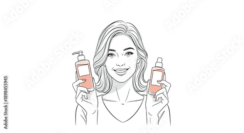 Smiling woman holding two bottles of beauty products or cosmetics to show her daily skincare routine and care.
