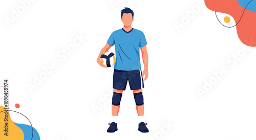 Young male volleyball player in a blue athletic kit holding a ball while standing against a colorful backdrop.