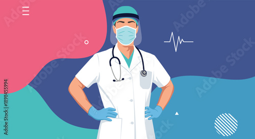 Medical doctor wearing full protective equipment including a face shield and mask to treat patients in hospital.