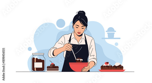 Skilled female baker wearing an apron and mixing ingredients in a red bowl to create delicious chocolate cakes and cupcakes.