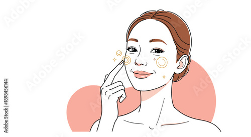 Young woman with clean skin touching her face gently while applying beauty products for a healthy skincare routine illustration.