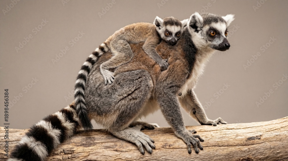 Fototapeta premium Adorable Ring-tailed Lemur Mother Carrying Her Baby on Back on a Wooden Log