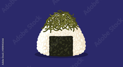 Traditional Japanese onigiri rice ball wrapped in seaweed and topped with shredded green ingredients on a dark blue background.