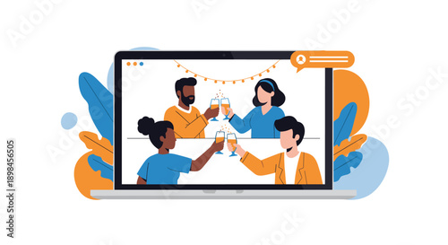 Group of diverse friends having a virtual celebration on a laptop screen toasting with drinks for a web party.
