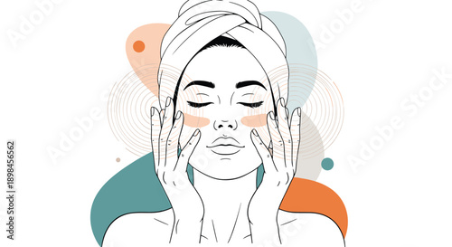 Beautiful woman with her eyes closed applying skincare products to her face after a bath with a white hair towel.