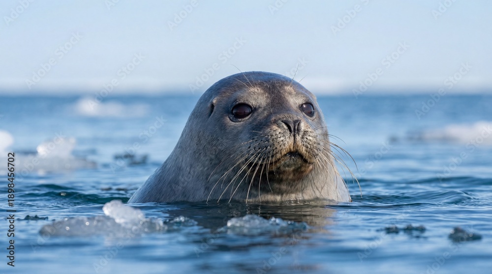 Fototapeta premium Close-up of a charming seal peeking out of icy blue water with a calm expression