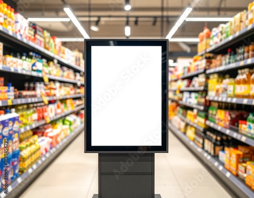 Blank advertising billboard in supermarket aisle.