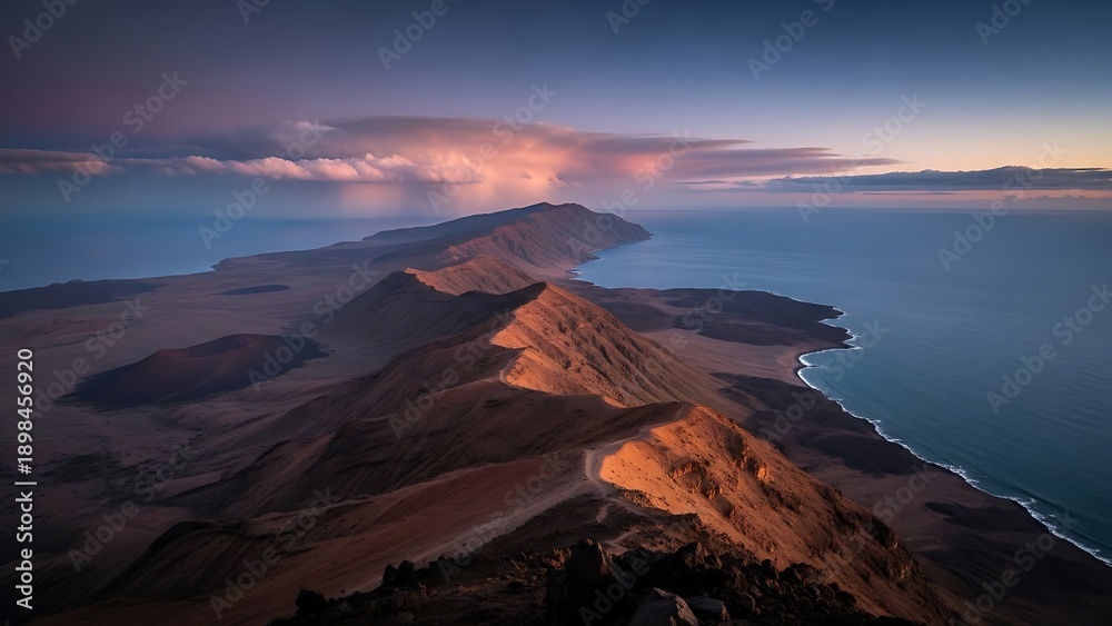 Fototapeta premium Dramatic mountain ridges along the coast at sunset with stunning cloud formations.