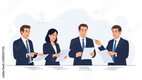 Diverse business team collaborating on documents at a meeting table