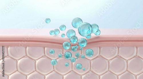 Skincare hydration concept,blue water molecules penetrating deep into skin layers,3D rendering of moisturizing process,cosmetic treatment visualization