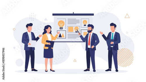 Business team presenting ideas on a whiteboard, brainstorming, teamwork