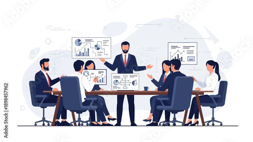 Business Meeting: Leader Presents Strategy with Charts and Diagrams