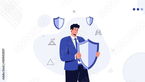 Business Man Holding Shield for Protection and Security Concept