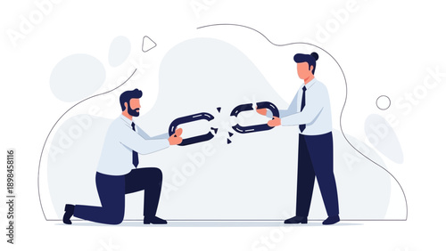 Businessmen repairing broken chain link, teamwork concept illustration
