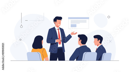 Business Presentation: Speaker Leading Meeting with Colleagues, Flat Design