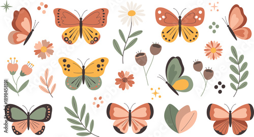 Bohemian vector collection with muted butterfly illustrations garden wildflowers and botanical elements for modern aesthetic stationery and home decor