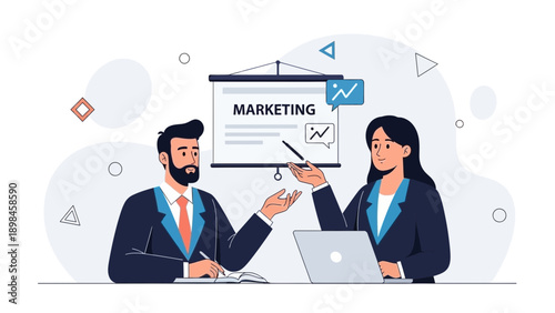 Business Meeting: Marketing Strategy Presentation with Laptop and Whiteboard