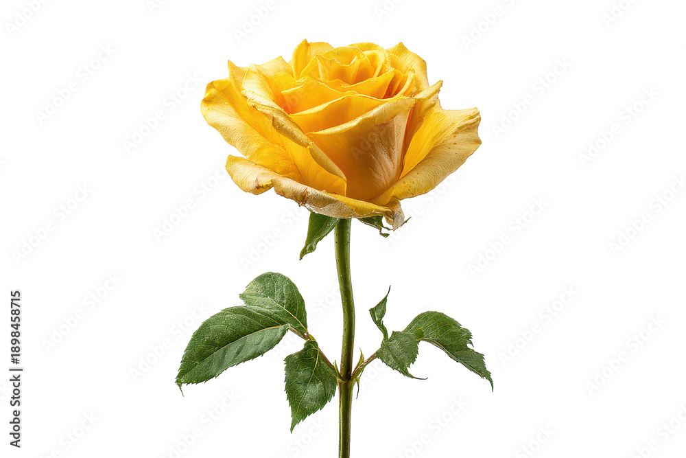 Obraz premium Single yellow rose bloom with layered curved petals, subtle gradient shading, green stem and small leaves, florist style cut flower, isolated on transparent background.