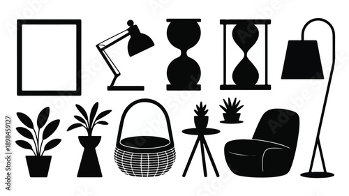 Collection of Contemporary Home Furnishings and Decorative Lifestyle Silhouette Icons.