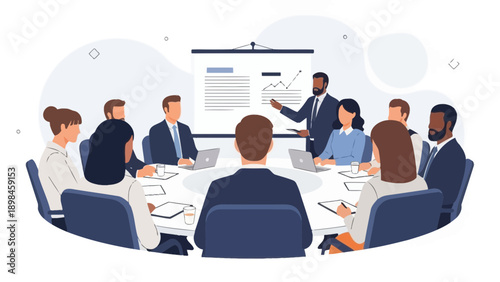 Diverse business team in a meeting, presenting strategy on whiteboard with laptops