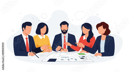 Diverse Business Team Collaborating at Meeting Table with Charts and Graphs