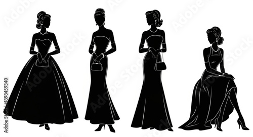 Four Elegant Fashion Silhouettes Displaying Vintage Gowns.