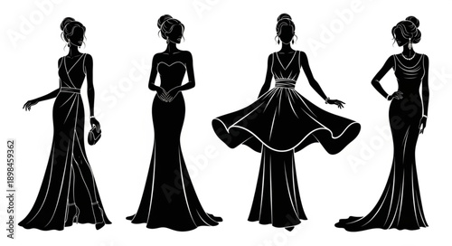 Four elegant women silhouettes in formal evening gowns.