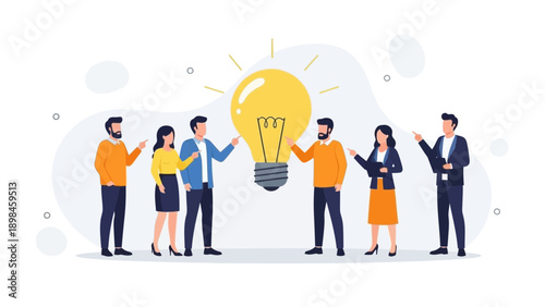 Teamwork and Innovation: People Gather Around a Bright Idea Light Bulb