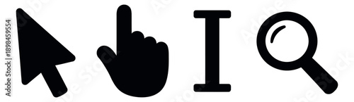 Basic user interface icon set featuring a mouse cursor, hand pointer, I-beam, and magnifying glass for digital navigation