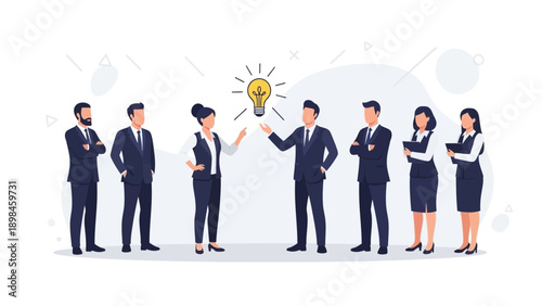 Business Team Shares Innovative Idea, Lightbulb Symbolizing Solution