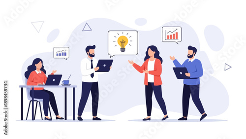 Business team collaborating and brainstorming ideas with laptops and charts