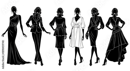 Fashionable Women Silhouettes Diverse Styles Elegant Poses.