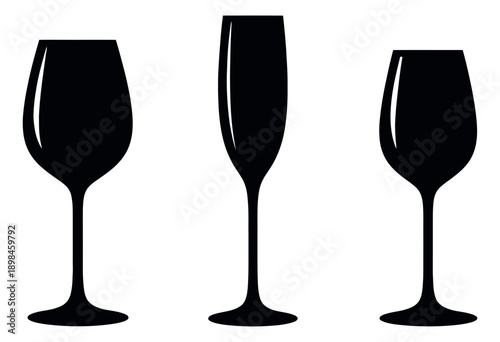 Silhouette drinkware set featuring a wine glass, a champagne flute, and a goblet for beverages and celebrations