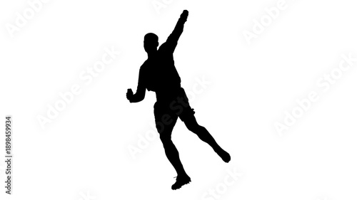 Energetic black silhouette of a soccer player jumping in celebration or reaching for the ball during a football match, isolated on white background.