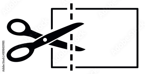 Simple line art illustration of scissors and a coupon outline depicting a coupon being cut for promotions and discounts