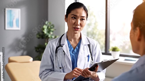 A female doctor in a white coat and stethoscope discusses medical details with a patient while holding a clipboard in a bright, modern clinic. 