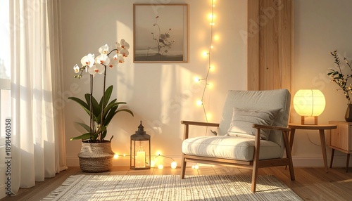 Cozy interior with armchair, orchid, and soft lighting.