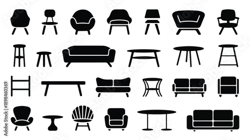Set of Silhouette Icons for Modern Living Room Seating and Accent Tables.