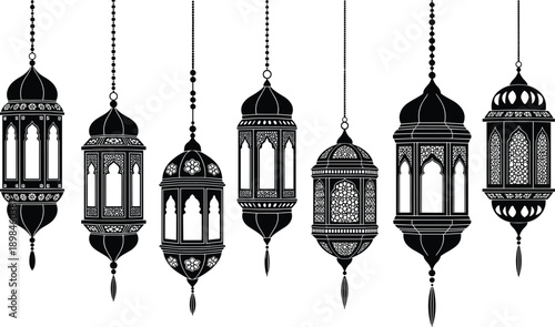 Black and White Islamic Hanging Lanterns Silhouette Set, Ornate Ramadan Kareem Decorations, Arabic Geometric Lattice Lamps with Tassels on White Background