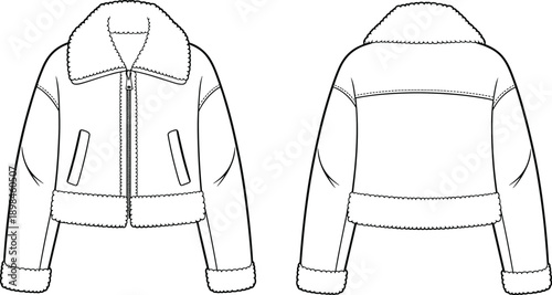 Front and back view of shearling jacket illustration with fur collar, winter outerwear design, fashion apparel technical drawing vector